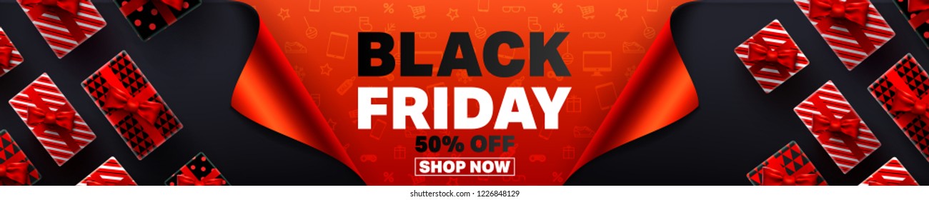 Black Friday Sale Promotion Poster or banner with open gift wrap paper concept.Special offer 50% off sale in black and red style.Promotion and shopping template for Black Friday