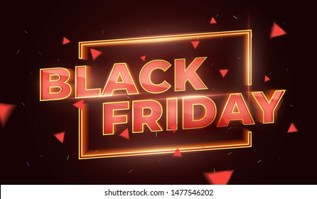 Black Friday Sale Promotion Poster or banner. Social Media Banner Design Template. 3d inscription with highlights and sparks of gold and red colors. Discount and promotion banner. Vector Illustration