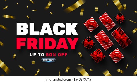 Black Friday Sale Promotion Poster or banner with Gift box and Gold confetti celebration.Special offer 50% off sale in black and red style.Promotion and shopping template for Black Friday