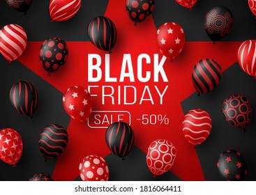 Black Friday Sale Promotion Poster or banner with balloons. Special offer 50% off sale in black and red color style. Promotion and shopping template for Black Friday