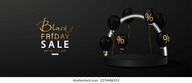 Black friday sale promotion poster with podium, neon round frame and balloons. Black friday day sales banner template design for social media and website.Vector illustration