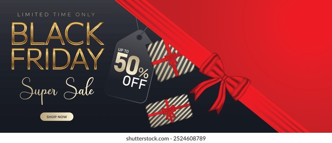 Black Friday Sale Promotion Web Banner Background Design. Black Friday Super Sale Discount Social Media Poster, Banner, or Backdrop Template for Cover Ads, Flyers, Invitation Card, Brochure