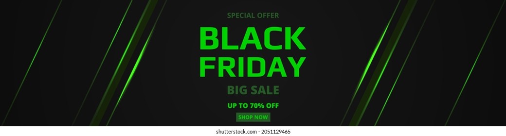 Black friday sale promotion wide banner template with green neon. Black friday neon green sale banner template on black beckground. Vector illustration