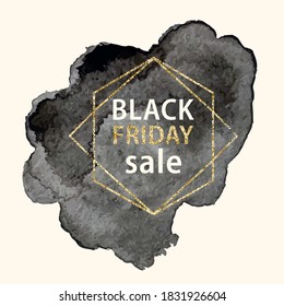 Black friday sale promotional abstract background watercolor poster or banner template with black brush stroke and liquid shapes circles and glitter elements and frame for text. Vector illustration.