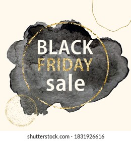 Black friday sale promotional abstract background watercolor poster or banner template with black brush stroke and liquid shapes circles and glitter elements and frame for text. Vector illustration.