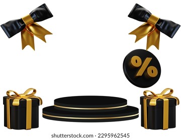 black friday sale promotional background sale. Realistic 3d design podium, round studio,  black gift box, red bow, shopping bag, big percent off tag. Creative marketing concept. Vector ill