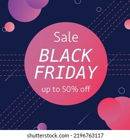 Black Friday sale promotional banner with gradient and decor elements. Up to 50% off. Special Black Friday offer. Modern banner for sales, promotion, email, posters.