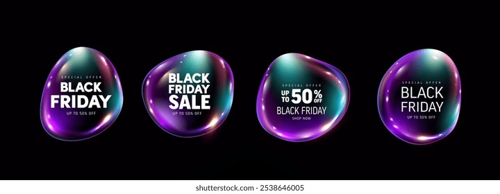 Black Friday Sale Promotional Banner Set Featuring Black Friday Neon Lights and Neon Bubble on a Dark Background.Highlighting Black Friday Discounts and Up to 50 Percent Off for Shopping Promotions