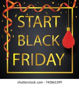 Black Friday sale. Promotional card or banner Poster with gold inscription, square frame and red spiral ribbon on black background. Vector illustration.