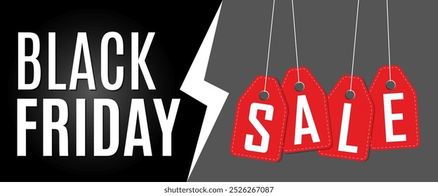 Black Friday Sale Promotional, Marketing Web Banner, Black Friday Poster Design with Red Hanging Tags, Electricity Sign, Black Friday Background Holiday Promotions, and Discounts. 