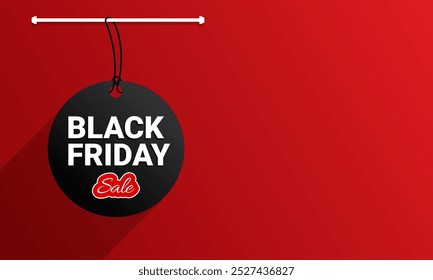 Black Friday Sale Promotion, Marketing Web-Banner, Black Friday Sale Poster Design mit hängendem Seil, Schlagschatten und rotem Hintergrund