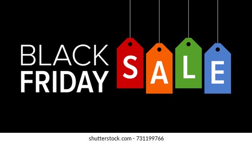 Black Friday sale promotional marketing banner / poster with colorful tags flat vector illustration