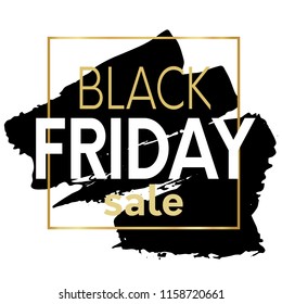 Black friday sale promotional poster template with black brush stroke on back ground and square gold frame