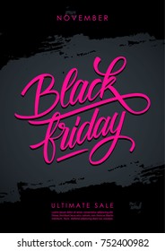 Black Friday Sale promotional poster with hand lettering and brush stroke background for commerce, business and advertising. Vector illustration.