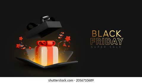 Black Friday Sale. Realistic 3d Template Of Open Gift Boxes. Dark Gift Box With Gold Confetti. New Year And Christmas Design. Xmas Decorative Surprise Object. Present Birthday. Vector Illustration