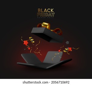 Black Friday sale. Realistic 3d template of open gift boxes. Dark gift box with gold confetti. New Year and Christmas design. Xmas decorative surprise object. Present birthday. vector illustration - Shutterstock ID 2056710692