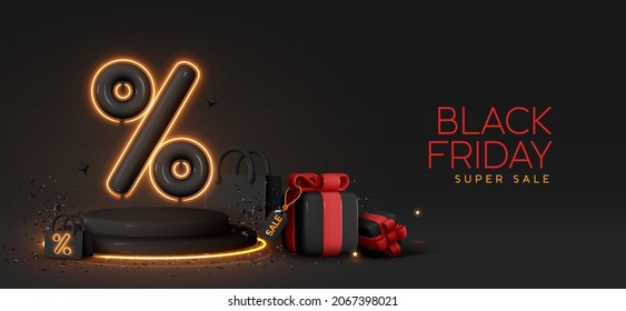 Black Friday Sale. Realistic 3d Design Stage Podium, Round Studio, Gold Neon Lights, Gift Box Black, Red Bow, Shopping Bag, Big Percent Label Discount. Creative Marketing Concept. Vector Illustration