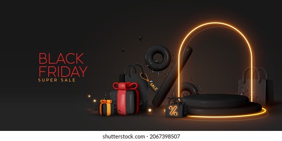 Black Friday Sale. Realistic 3d design stage podium, round studio, gold neon lights, gift box black, red bow, shopping bag, big percent label discount. Creative marketing concept. Vector illustration