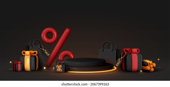 Black Friday Sale. Realistic 3d design stage podium, round studio, gold neon lights, gift box black, red bow, shopping bag, big percent label discount. Creative marketing concept. Vector illustration