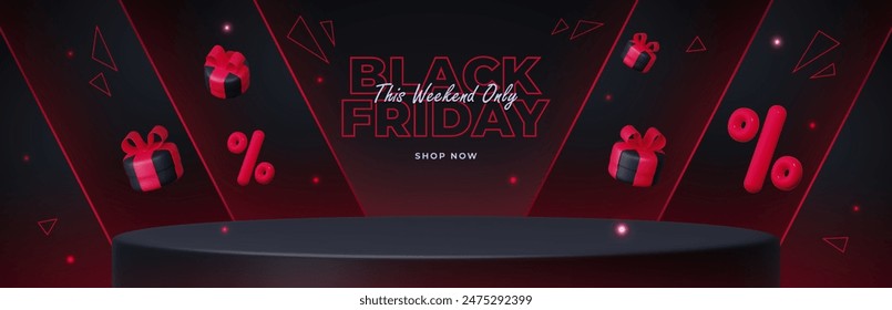 Black Friday Sale. Realistic 3D design featuring a stage podium with round studio, black gift box with a red bow, and percent discount label. Creative marketing concept. Vector illustration.