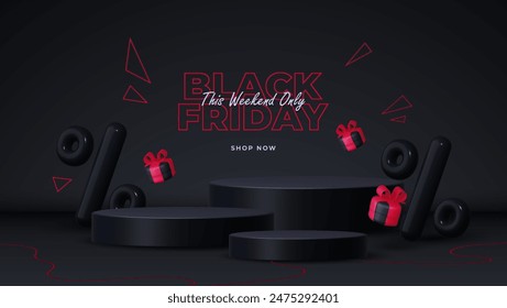 Black Friday Sale. Realistic 3D design featuring a stage podium with round studio, black gift box with a red bow, and percent discount label. Creative marketing concept. Vector illustration.