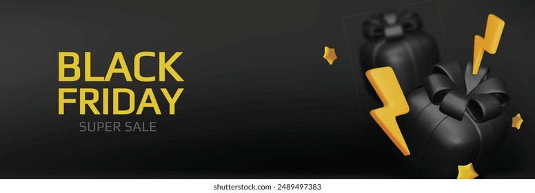 Black Friday Sale. Realistic 3d design gift box black and lightning. Creative marketing concept. Vector illustration