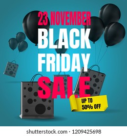 Black Friday Sale Realistic Black Balloons and Black Shopping Bags On Blue Backgoround with Yellow Sticker. Vector Illustration
