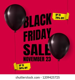 Black Friday Sale Realistic with Black Balloons on Pink Backgoround with Yellow Sticker. Vector Illustration