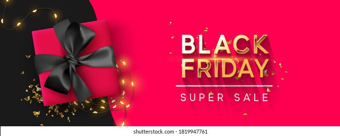 Black Friday Sale. Realistic gift box with festive garland lights, shiny golden confetti. Poster, banner for advertising and branding. Cover and brochure. header for website. vector illustration.