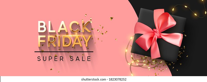 Black Friday Sale. Realistic gift box with festive garland lights, shiny golden confetti. Poster, banner for advertising and branding. Cover and brochure. header for website. vector illustration.