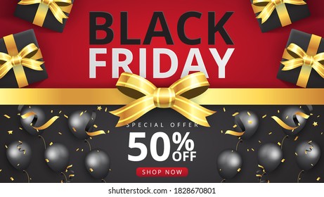 Black Friday sale. Realistic black gift box and balloons. Pattern with gift box with gold ribbon. Dark background. Horizontal banners, posters, website header. vector illustration