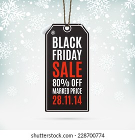 Black Friday sale realistic paper price tag on background with snow and snowflakes. Label. Vector illustration