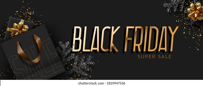 Black Friday Sale. Realistic Shopping Bag with handles, black gift box with gold fluffy bows. Poster, banner for advertising and branding. Cover and brochure. header for website, vector illustration.