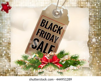 Black Friday sale realistic tag on Christmas background with snow. EPS 10 vector file included