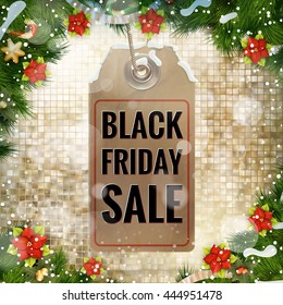 Black Friday sale realistic tag on Christmas background with snow. EPS 10 vector file included