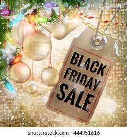 Black Friday sale realistic tag on Christmas background with snow. EPS 10 vector file included