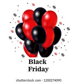 black Friday sale black and red 3D balloons on white background, banner vector