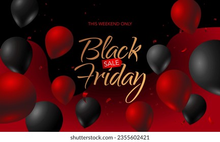 Black Friday sale red background with balloons and serpentine