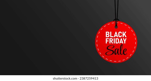 Black Friday Sale red badge on black background. Web Banner, online poster, black friday sign hanging, with copy space, trendy vector illustration.