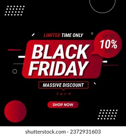 Venta de Viernes Negro con Banner Negro Rojo con descuento hasta 10% de descuento . Sólo tiempo limitado. Descuento masivo. Ilustración vectorial.