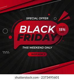 Venta de Viernes Negro con Banner Negro Rojo con descuento hasta 15% de descuento . Oferta especial. Sólo este fin de semana. Ilustración vectorial.