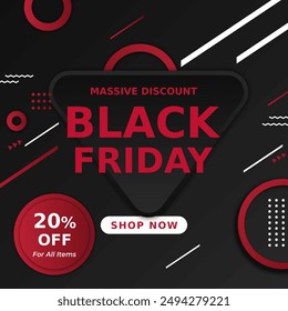 Black Friday Sale in Red Black Banner. 20% off For All Items. Vector illustration. Massive Discount. Shop Now.
