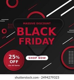 Black Friday Sale in Rot Schwarz Banner. 25% Rabatt auf alle Artikel. Vektorillustration. Massiver Rabatt. Jetzt einkaufen.