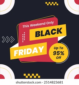 Black Friday Sale in Red Black Banner With Discount Up to 95% off. Special Offer. This Weekend Only. Vector illustration.