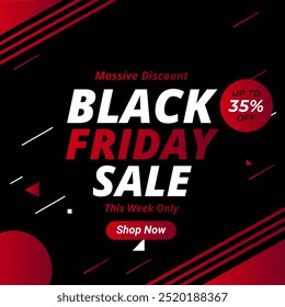 Black Friday Sale With Red Black Banner With Up to 35% off. Massive Discount. Vector illustration. This Week Only. Shop Now.