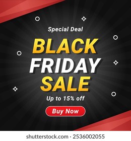 Rebajas Black Friday Con Anuncio Negro Rojo Con Descuento Hasta 15%. Trato especial. Obtener ahora ·. Ilustración vectorial.