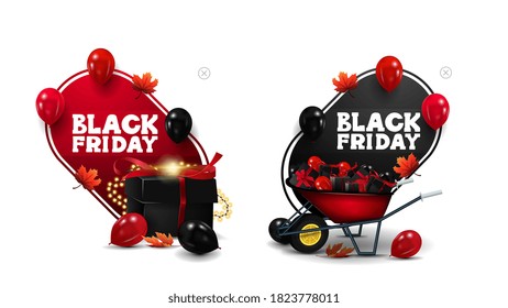 Black Friday Sale, red and black discount banners in cartoon style in the form of abstract pointers with present box, wheelbarrow with presents and balloons in the air