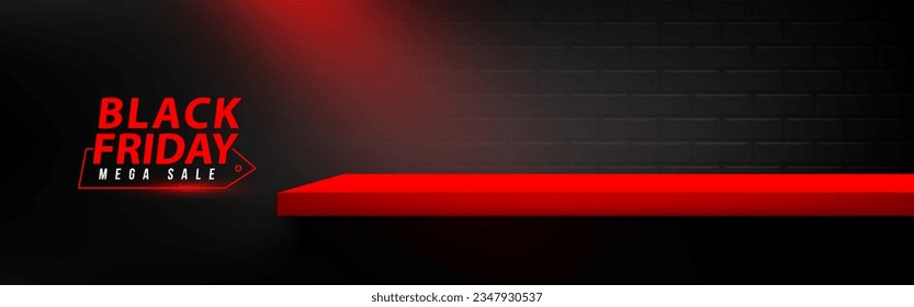 Black Friday Sale. Red empty shelf for Product showing with Spotlight on Brick wall horizontal background. Pedestal with for product display, advertising, and show based. Vector illustration.