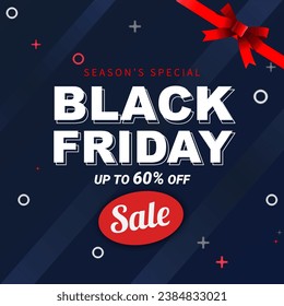 Black Friday Sale With Red Gift Ribbon In Blue Gradient background With Discount Up to 60% off . Limited Time Only. Massive Discount. Vector illustration. Season's Special