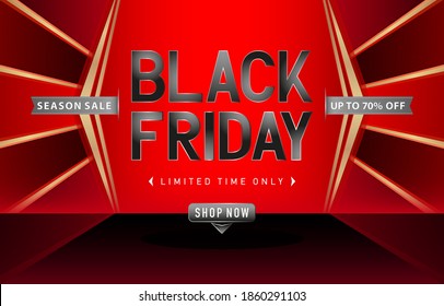 Black Friday Sale red gold design, Label Season Sale on abstract red and black background with ribbon silver. Black Friday sign for advertising, promotion shop, web banner, brochure and flyer concepts